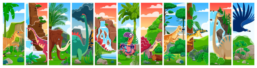 Cartoon dinosaur and baby dino in egg characters collage. Vector cute mammoth, velociraptor, diplodocus and stegosaurus dinosaur personages with prehistoric jungle, volcano and waterfall background © Vector Tradition