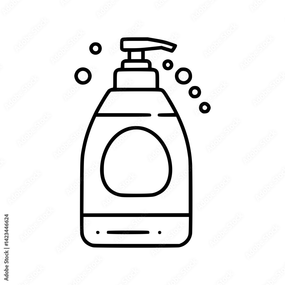 Poster outline icon of a soap dispenser with bubbles in simple style