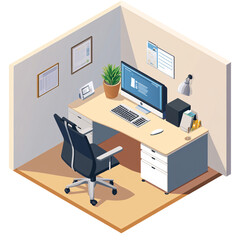 Fototapeta premium Isometric office cubicle with computer, desk, and chair, showcasing modern workspace design and corporate environment for business and technology concepts