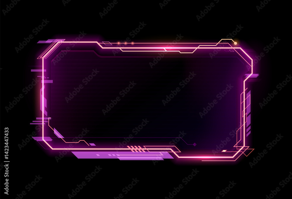 Poster Purple neon game frame asset, HUD interface overlay template for gaming, streaming or high tech visual. 3d vector futuristic glowing cyberpunk border, digital scifi callout title, information call box