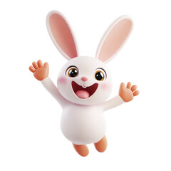 Obraz premium Cheerful white rabbit cartoon character waving with joy on a transparent background Concept of easter, spring, happiness, and childrens illustration