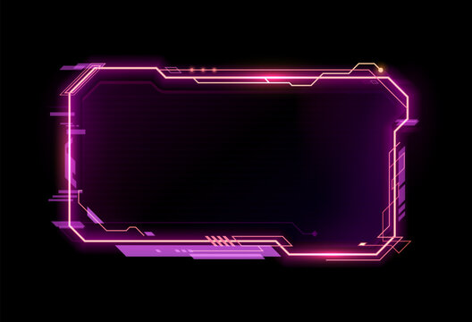 Purple neon game frame asset, HUD interface overlay template for gaming, streaming or high tech visual. 3d vector futuristic glowing cyberpunk border, digital scifi callout title, information call box