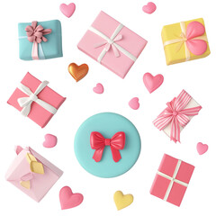 Pastel colored gift boxes and hearts floating on a transparent background Concept of love, celebration, and Valentines Day