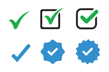 check mark and Verified badge vector icons collection. Green check mark icon. Tick symbol. Accept okay symbol. Vector Illustration