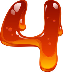 Tasty honey cartoon font digit 4 four. Tasty amber flow alphabet typeface number, yellow honey vector ABC type numeral symbol. Sweet candy cartoon math font figure or mathematics typeface digit