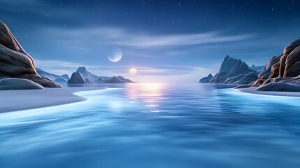 A tranquil, serene beach scene under a twilight sky with two moons, reflecting on calm, blue waters and smooth, rocky shores.