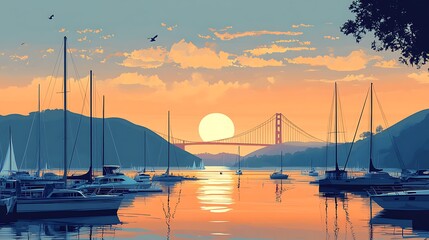 Flat vector view of San Francisco Marina with sailboats in foreground, Golden Gate Bridge and hills behind in clean silhouette, calm sunset sky, simple color blocks and crisp shapes, hd quality,
