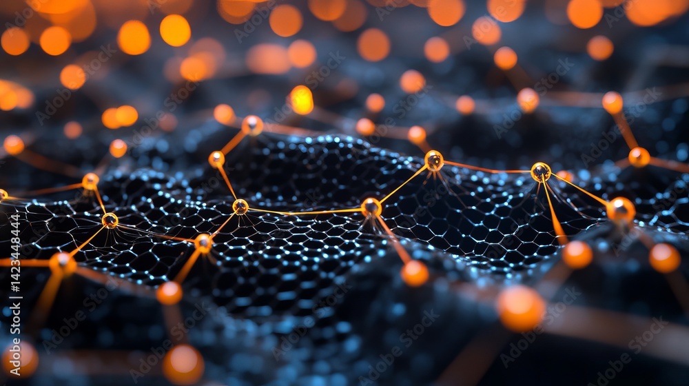 Poster abstract network digital technology background orange blue nodes 3d web data grid mesh dark cyber