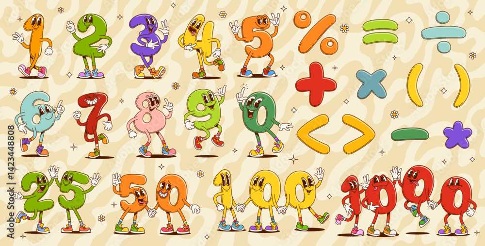 Poster Cartoon groovy math number characters, vector kids education. Retro hippie color mathematics numbers and arithmetic symbols with happy smiling faces on psychedelic groovy pattern with hippy daisies