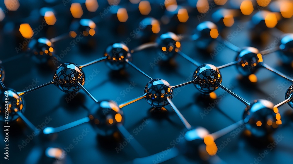 Poster abstract network structure shiny metallic spheres connected blue background 3d grid mesh dark ball
