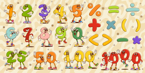 Cartoon groovy math number characters, vector kids education. Retro hippie color mathematics numbers and arithmetic symbols with happy smiling faces on psychedelic groovy pattern with hippy daisies