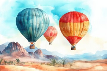 Fototapeta premium Three colorful hot air balloons float above a serene desert landscape, showcasing a picturesque view with mountains and gentle hills in the background.