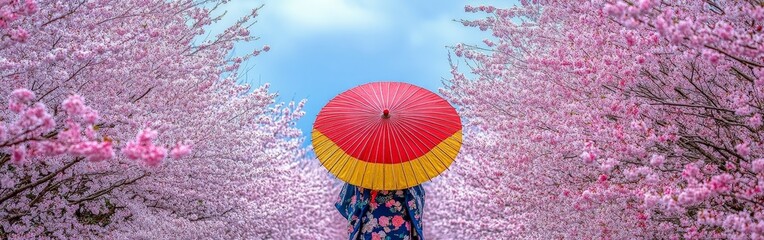Cherry Blossoms and Japanese Parasol in Full Bloom