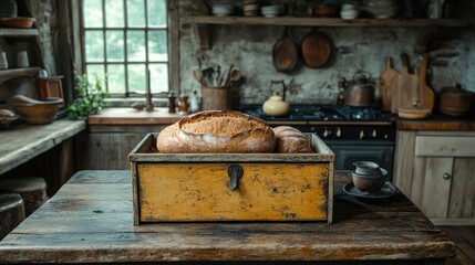 Rustic kitchen setting with freshly baked bread in a vintage wooden box amidst a cozy, inviting atmosphere