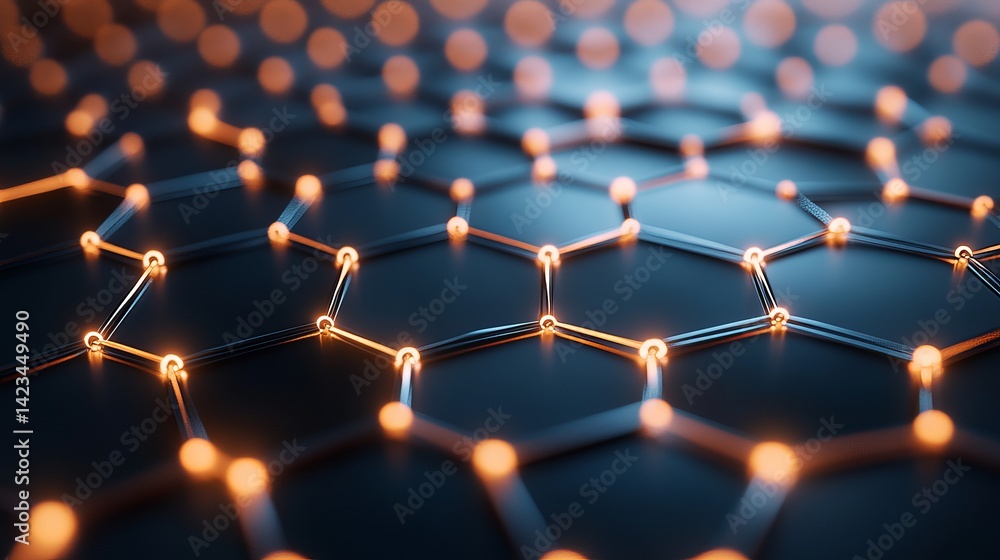 Poster abstract hexagon network glowing orange nodes dark blue background modern technology design 3d web