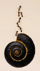 Line of Small Ants Climbing a Dark Spiral Snail Shell on a Light Background