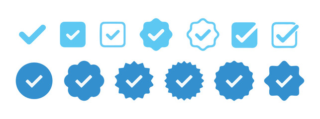 check mark and Verified badge vector icons collection. Green check mark icon. Tick symbol. Accept okay symbol. Vector Illustration