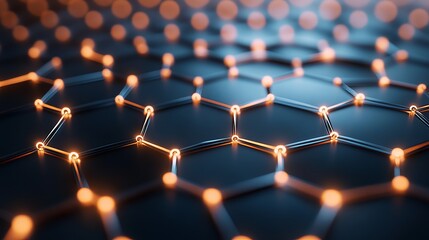 Fototapeta premium Abstract hexagon network glowing orange nodes dark blue background modern technology design 3d web
