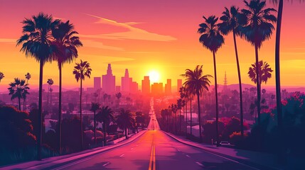 Los Angeles flat vector illustration featuring palm trees lining a road toward the skyline, minimalist style, warm sunset palette, Hollywood hills in background,