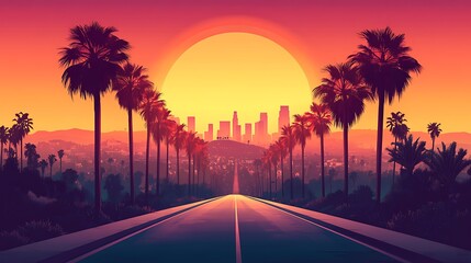 Los Angeles flat vector illustration featuring palm trees lining a road toward the skyline, minimalist style, warm sunset palette, Hollywood hills in background,