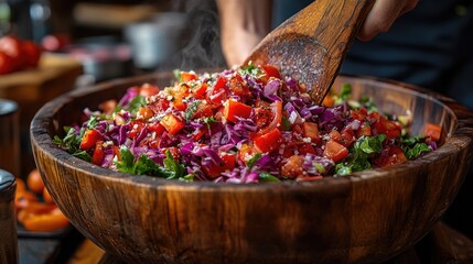 Preparing a vibrant vegetable salad with fresh ingredients in a rustic wooden bowl, showcasing healthy eating habits