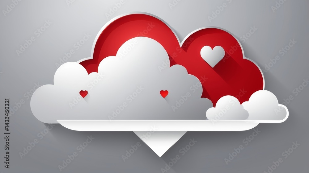 Fototapete fluffy clouds decorated with various hearts, highlighted by a large red heart positioned at the top.