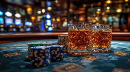 Refreshing whiskey drinks and colorful poker chips on a casino table in a lively gaming atmosphere