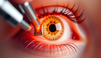 Detailed Close-up of a Human Eye Undergoing Chip Implantation with Futuristic Technology