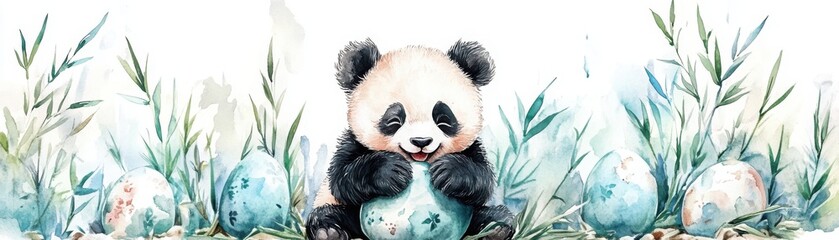 Obraz premium A cute panda cub plays with a blue egg surrounded by bamboo leaves and other decorative eggs in a whimsical watercolor style.