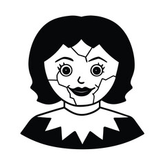 a cracked porcelain doll with sharp teeth