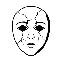 a cracked porcelain mask with sorrowful eyes peeking out