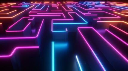 Futuristic neon maze with vibrant lights. A colorful labyrinth design, ideal for technology, gaming, and modern art themes.