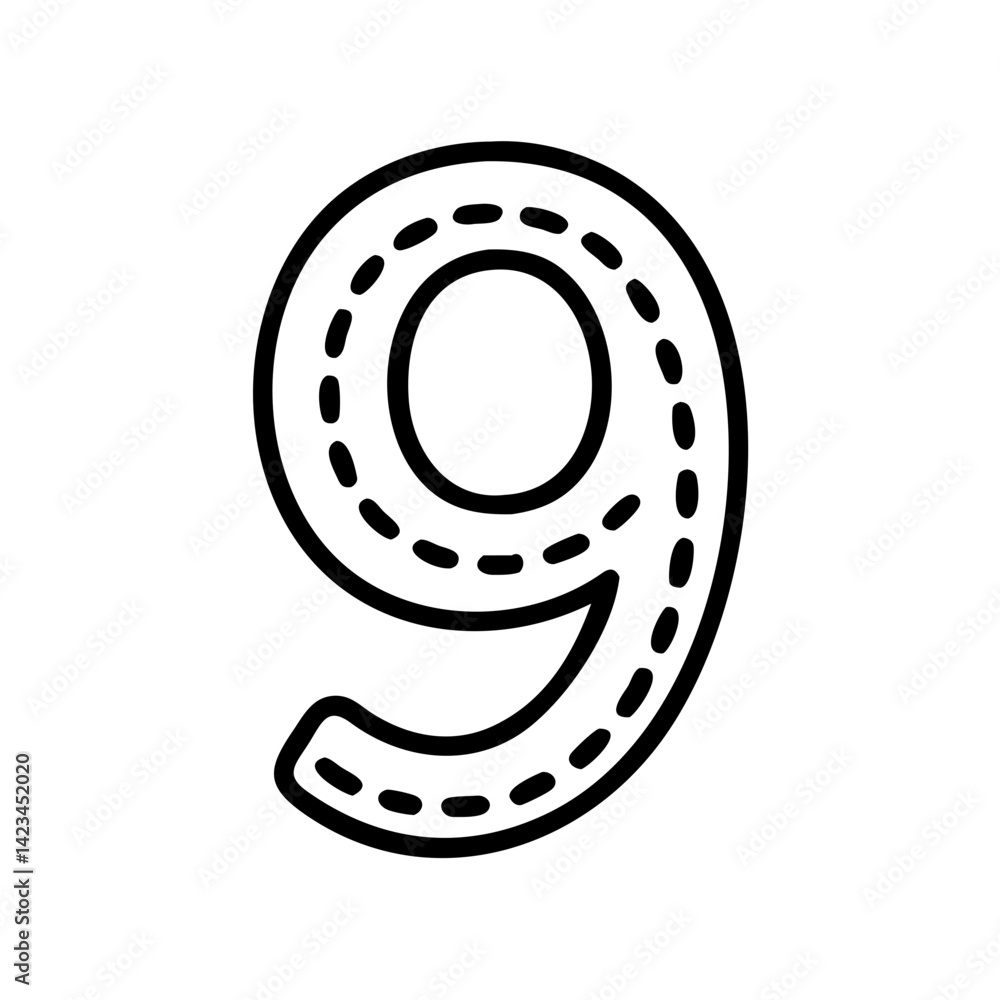 Poster number 9 outline design with dashed lines on white background