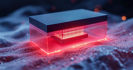 A futuristic device encased in transparent material, glowing with red light, resting on a textured surface, suggesting advanced technology.