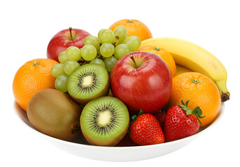 Fresh Fruit Bowl: Apples, Bananas, Oranges, Kiwi, Grapes, Strawberries transparent background