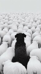 Obraz premium A black dog observing a large flock of white sheep in a foggy landscape, showcasing the bond between herding dogs and livestock.