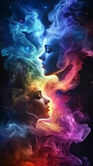 Fototapeta premium A stunning digital artwork featuring ethereal faces surrounded by vibrant, swirling colors and cosmic elements, representing beauty and mystery.