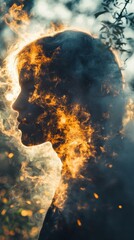 Silhouette of a person surrounded by flames and smoke in a mystical forest setting