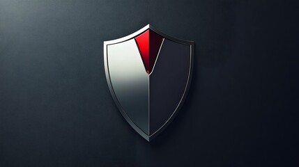 A sleek, modern shield emblem with metallic surfaces and a bold red accent, ideal for representing security or protection.