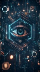 Fototapeta premium An eye surrounded by intricate digital patterns and glowing hexagons, evoking themes of technology and surveillance in a cyberpunk aesthetic.