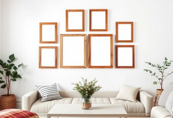 Fototapeta premium Empty rustic wooden photo frames on a white gallery wall, soft vintage farmhouse living room aesthetic, photo frames, vintage