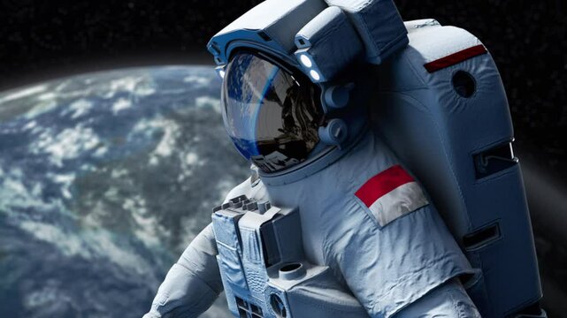 Monaco Astronaut with arm patch flag floating through space. Space program. Spaceman. Earth in background. The country showing national pride. 