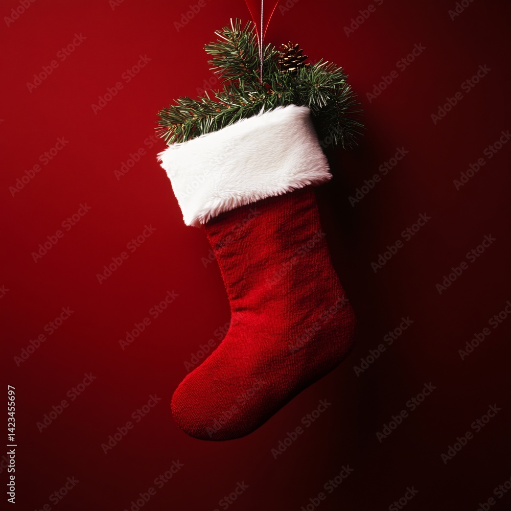 Poster red christmas stocking hanging on red background with copy space