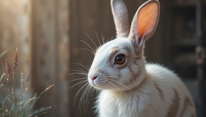 Rabbit Portrait White and Brown Fur Close-up with Soft Lighting