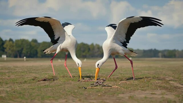 Two white storks with black wings outstretched, preying on worms in a grassy field under a partly cloudy sky