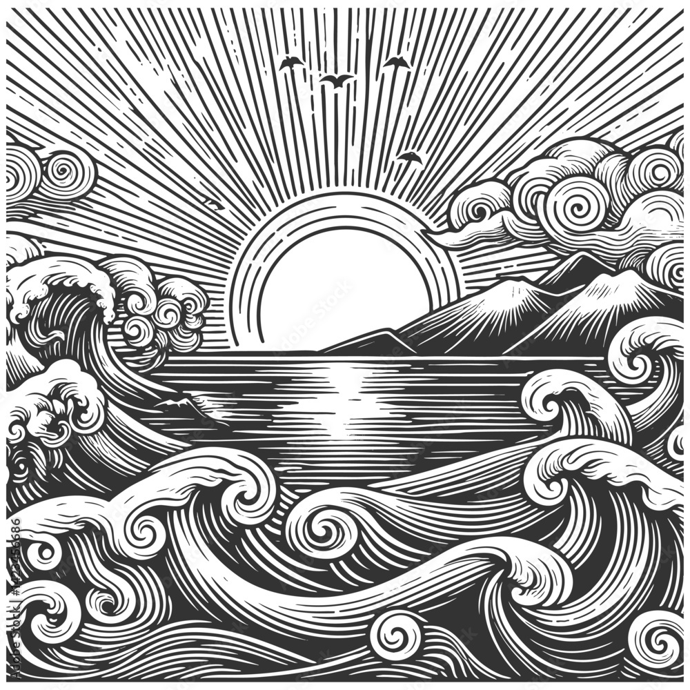 Poster ocean waves with a setting sun and starry sky in the background sketch engraving generative ai vecto