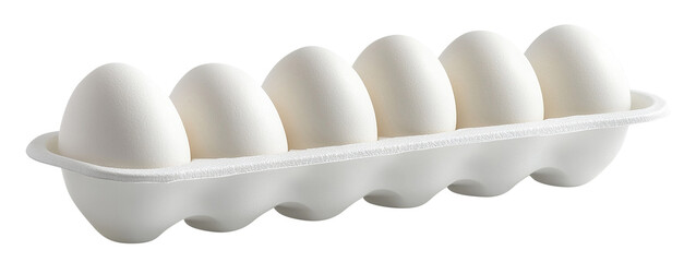 Fresh white eggs in a cardboard tray, isolated on transparent cutout background