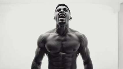 Sportsman emoting strength with flexed muscles, open-mouth expression.