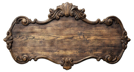 Ornate vintage wooden signboard with intricate carved details, isolated on transparent cutout background