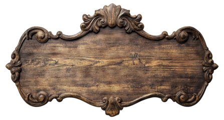 Ornate vintage wooden signboard with intricate carved details, isolated on transparent cutout background